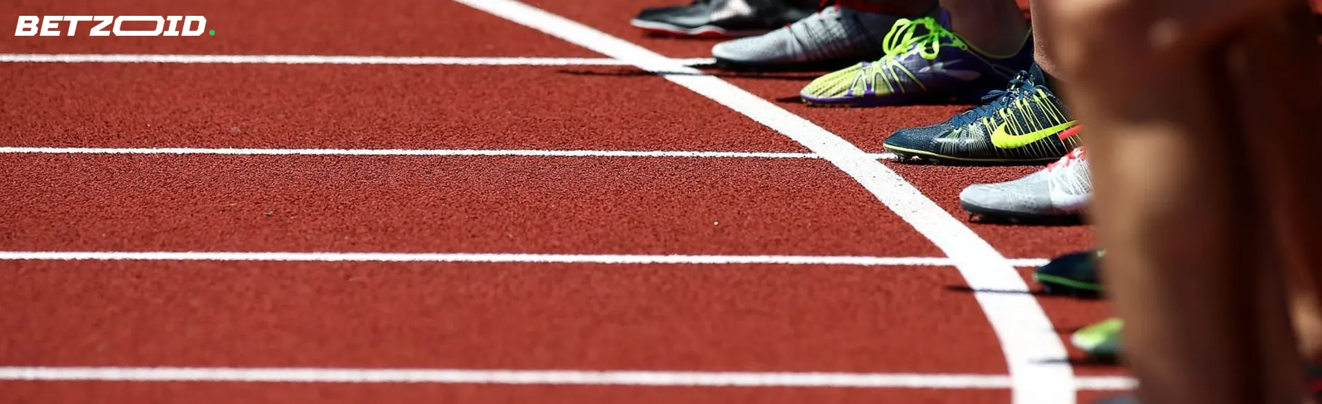 Athletes on the starting line of the track.
