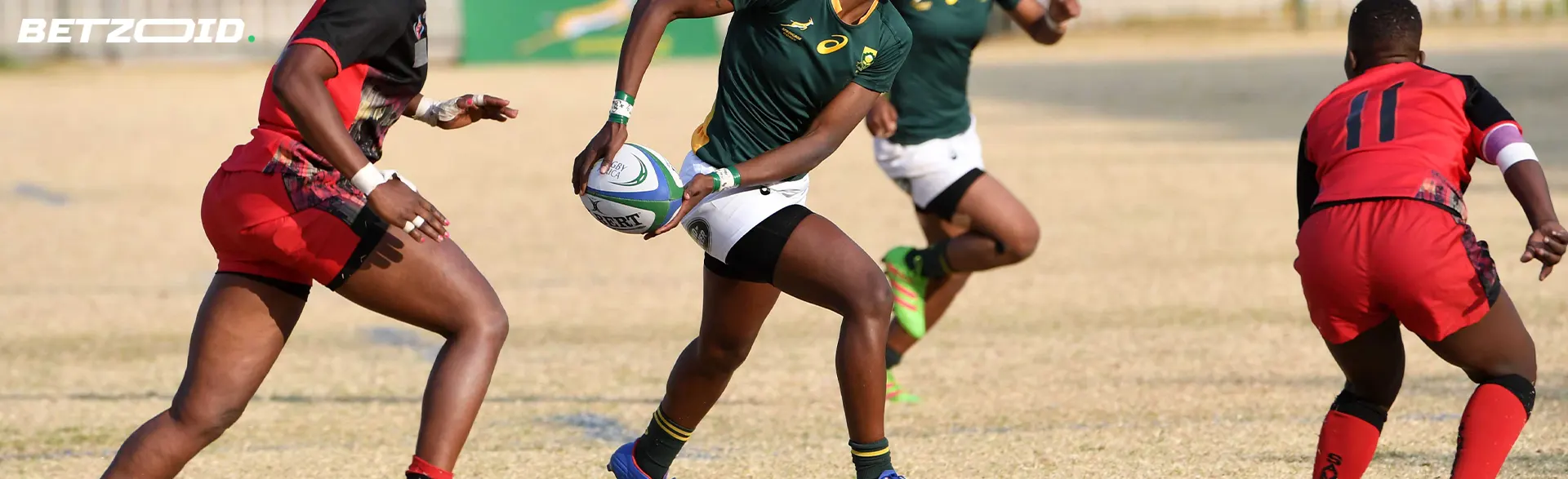 Rugby players in action during a game.