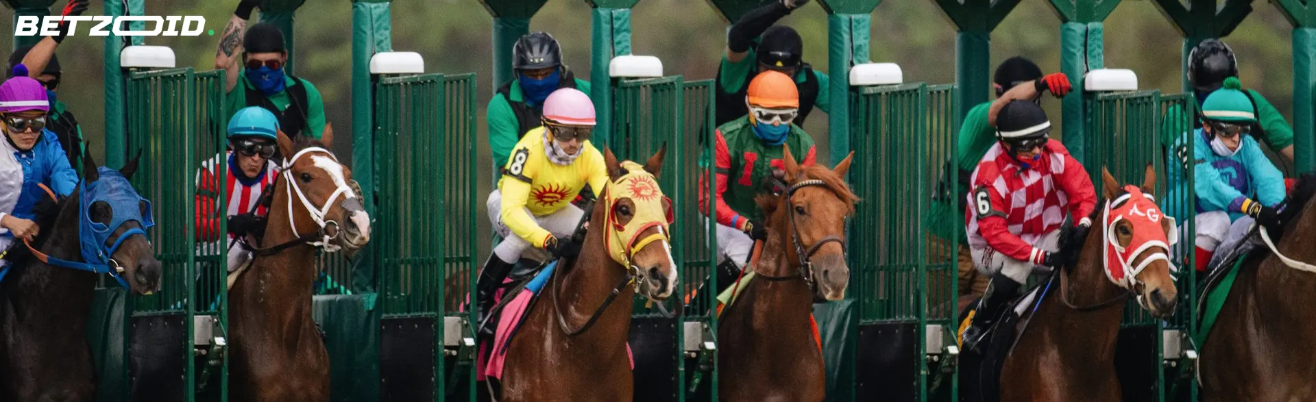 Jockeys on horses at the start of horse races.