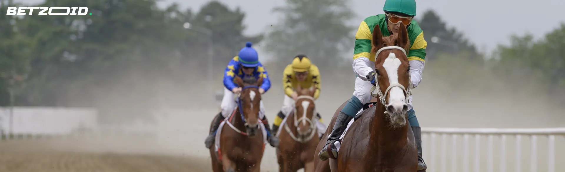 Jockeys on horses during horse races.