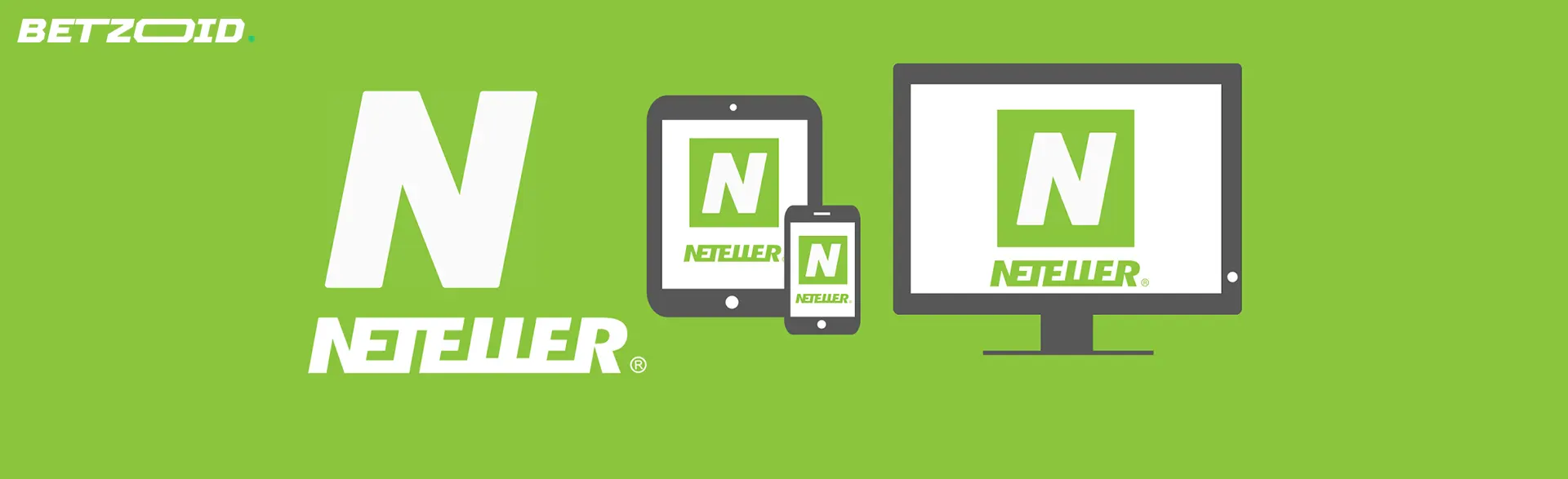 Logo Neteller na zielonym tle z ikonami urządzeń.