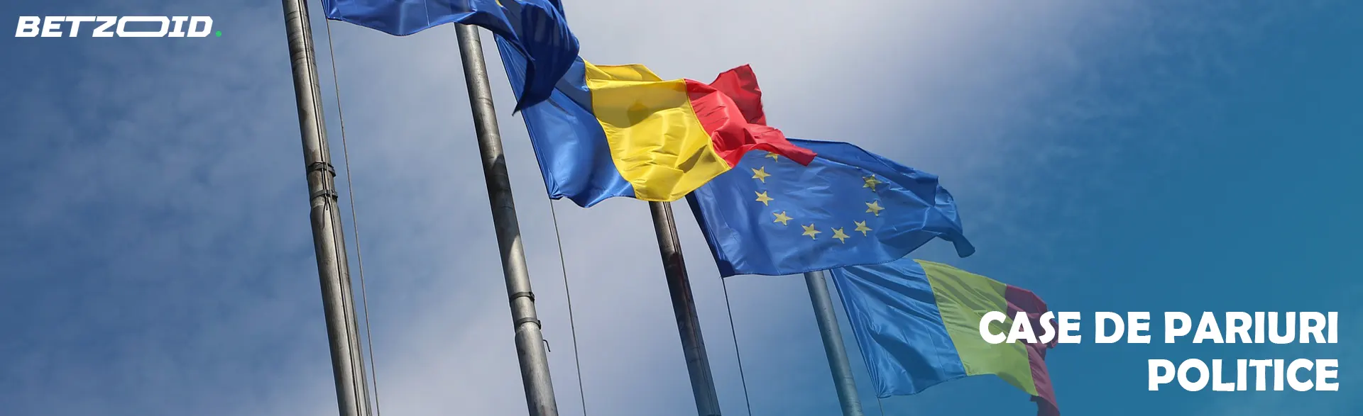 Steagul României și al Uniunii Europene pe fundalul cerului.