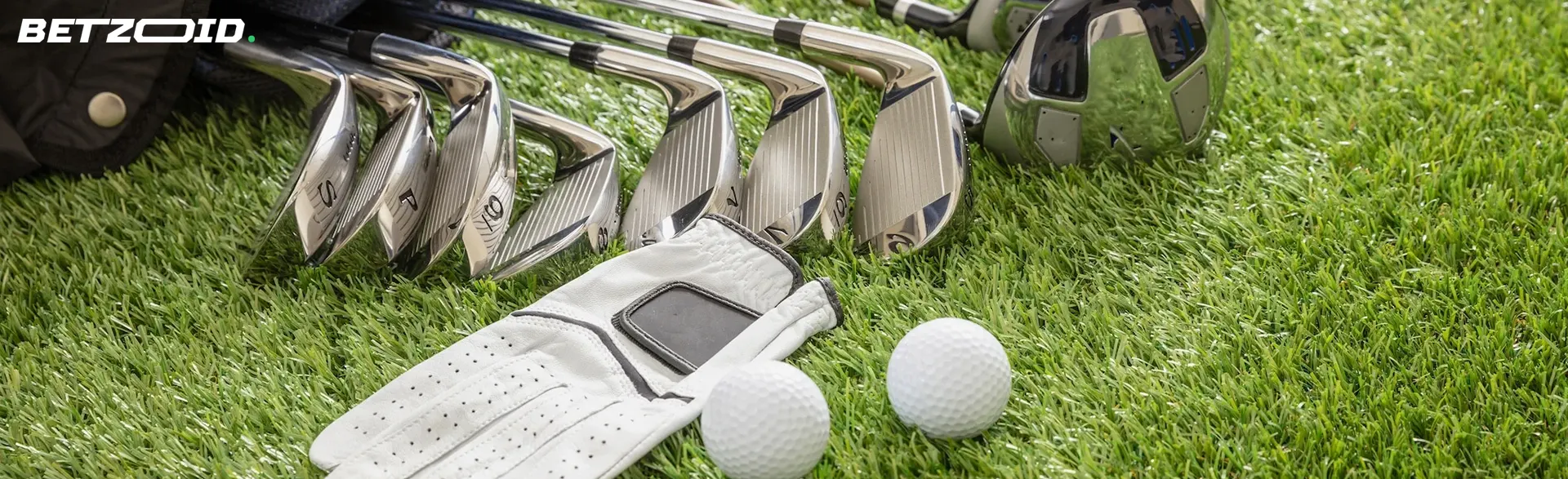 Golfschläger und Bälle liegen auf dem Rasen.