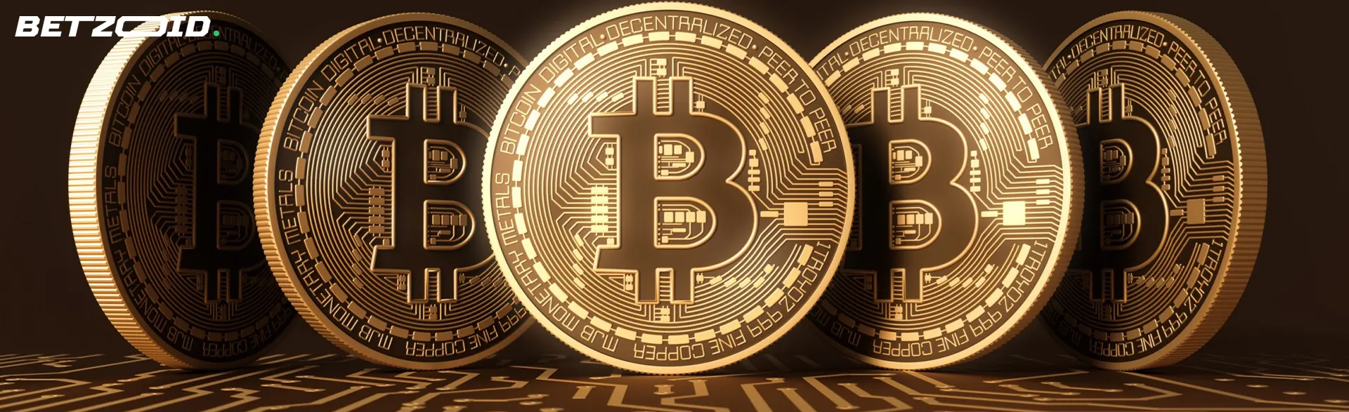 Several bitcoin coins in a row.