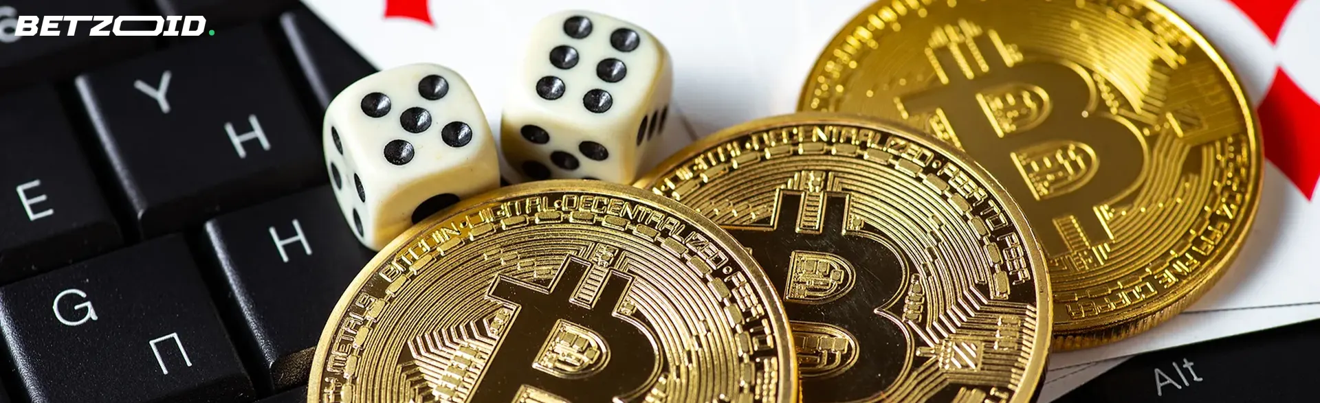Cryptocurrency coins next to dice and cards on keyboard.