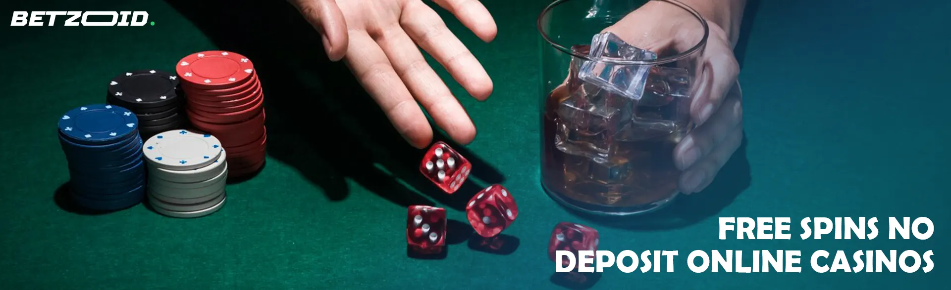 A player rolls dice next to casino chips and a drink in a glass.