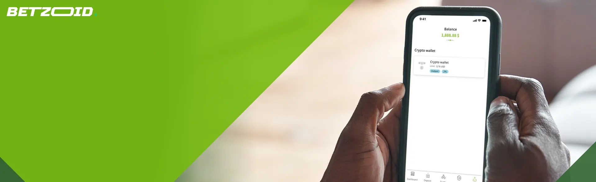 A man is holding a smartphone with a balance in Neteller.
