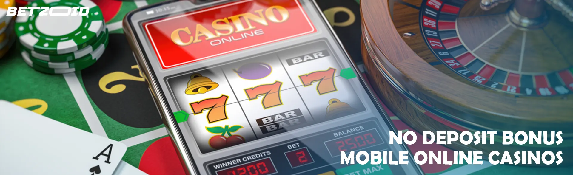 A smartphone with an online casino surrounded by roulette, cards and casino chips.