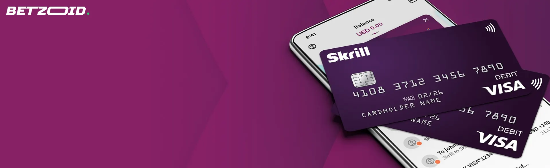 Skrill cards are on the smartphone.