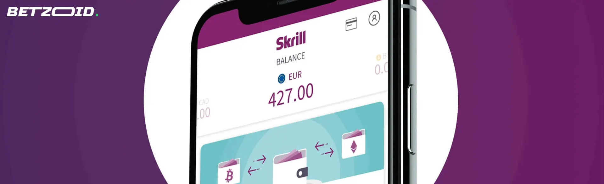 Smartphone with Skrill app balance on screen.