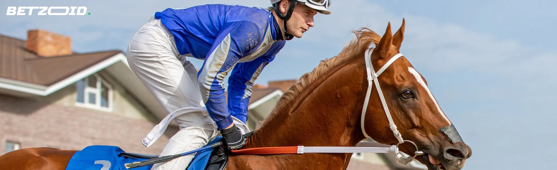 Un jinete a caballo durante una carrera de caballos.