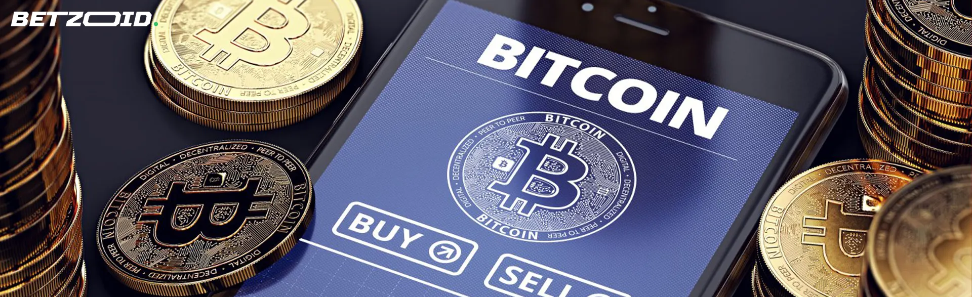 Smartphone with cryptocurrency app on screen surrounded by bitcoin coins.