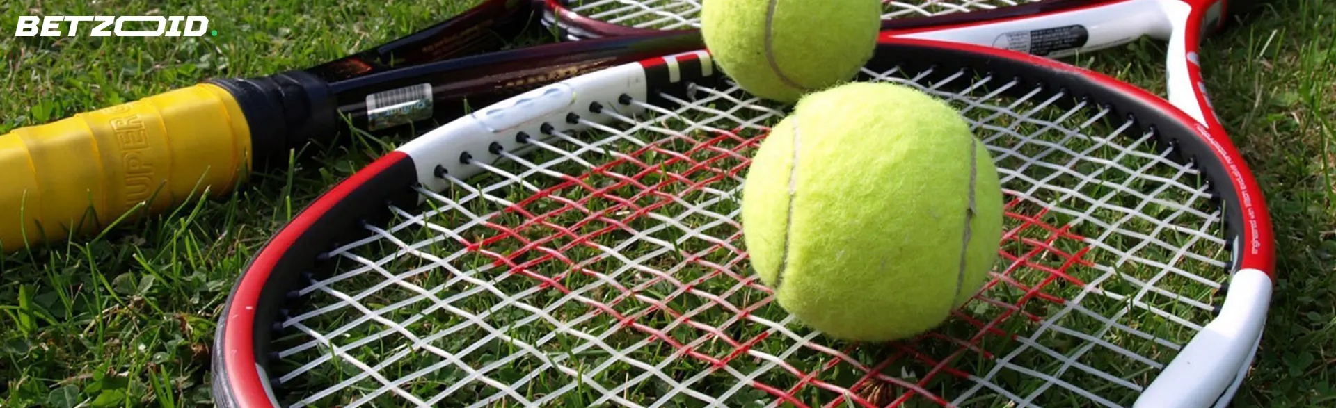 Las pelotas de tenis yacen sobre las raquetas.
