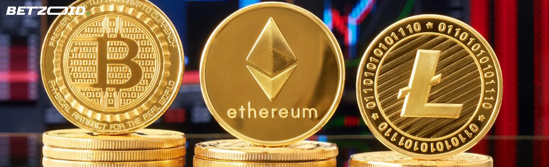 Coins of different cryptocurrencies on the background of graphs.
