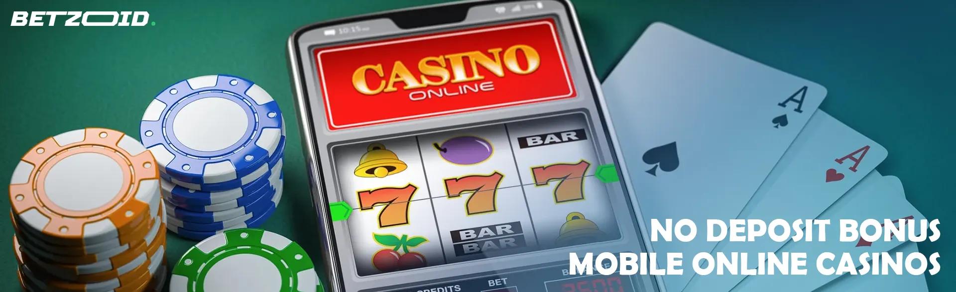 Smartphone with online casino surrounded by chips and cards.