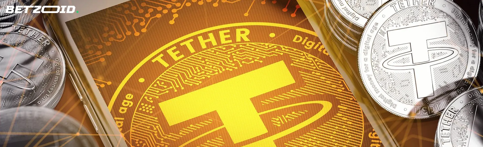 Tether logo on a smartphone screen surrounded by Tether cryptocurrency coins.