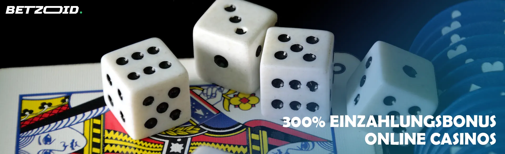 Auf den Karten liegen Würfel und Casino-Chips.