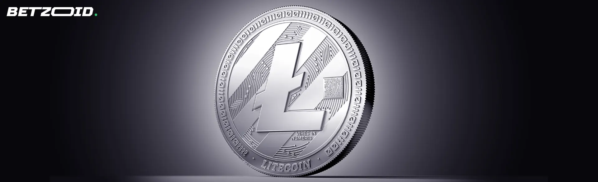 Litecoin-Kryptowährungsmünze auf dunklem Hintergrund.