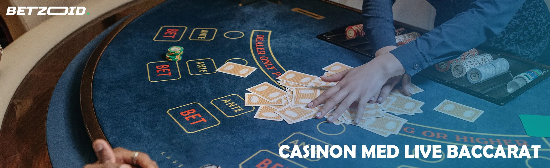 Croupieren blandar korten på kasinobordet.