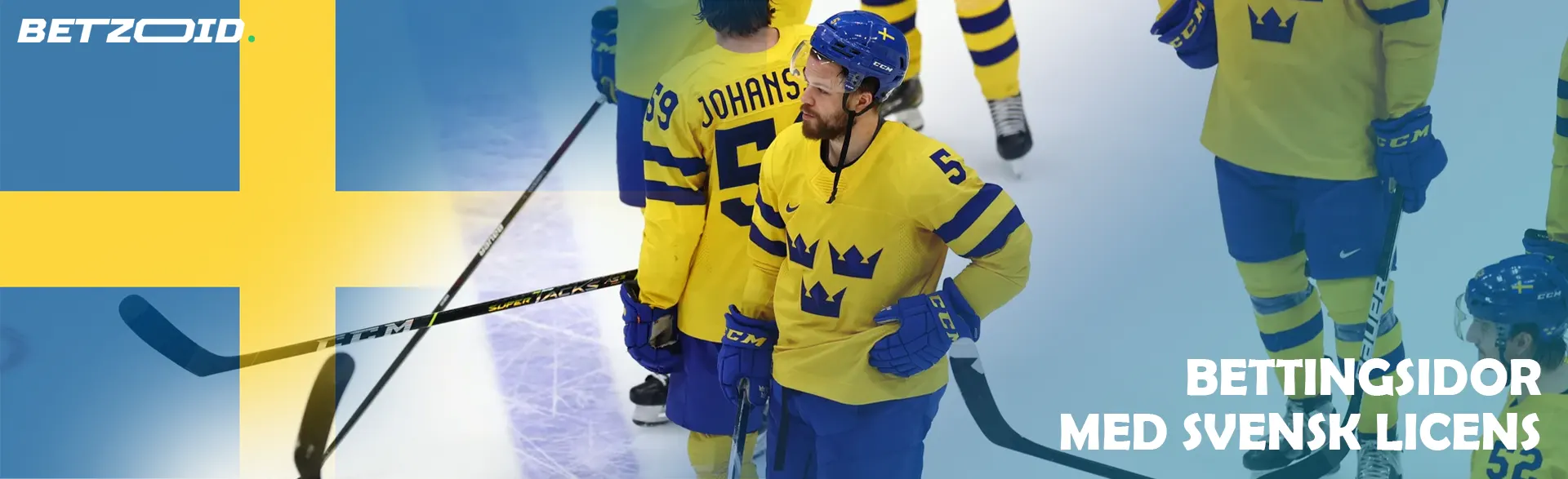 Hockeyspelare i arenan bredvid den svenska flaggan.