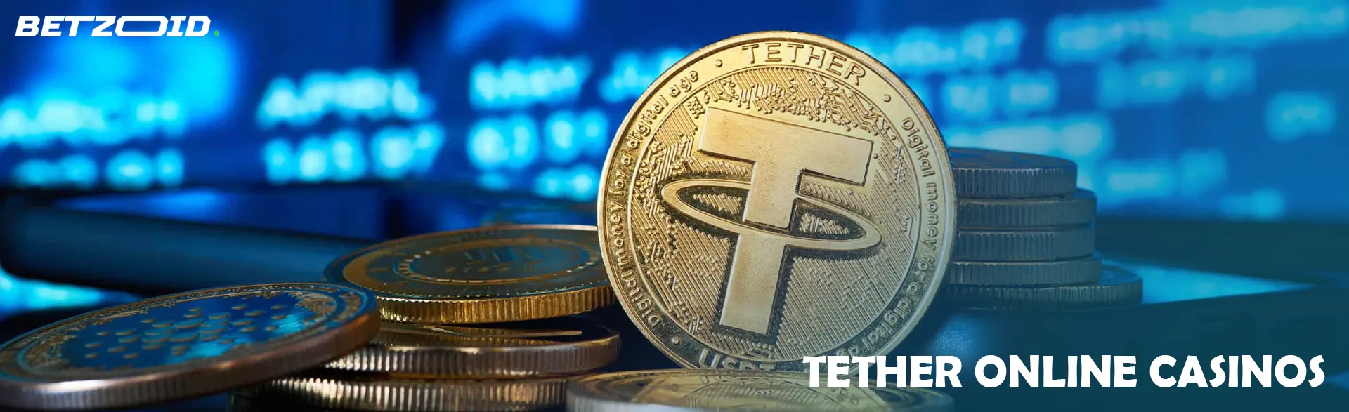 Tether-Kryptowährungsmünze auf einem Hintergrund aus Diagrammen.