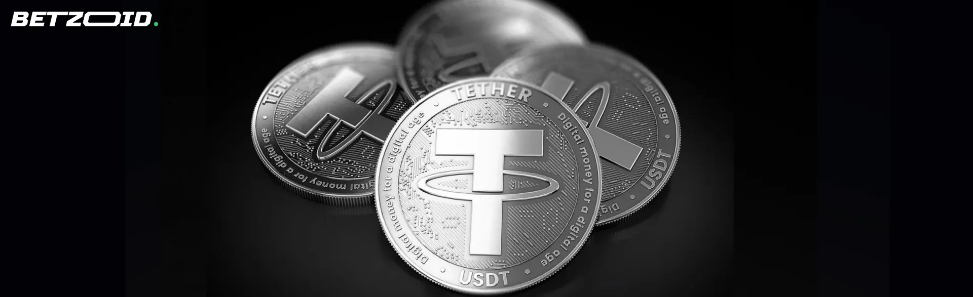 Tether-Kryptowährungsmünzen auf dunklem Hintergrund.
