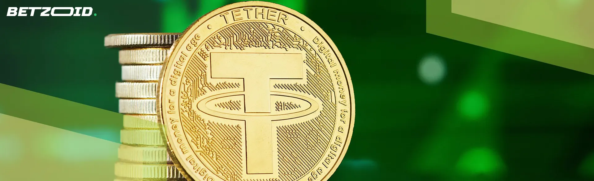 Ein Stapel goldener Tether-Kryptowährungsmünzen.