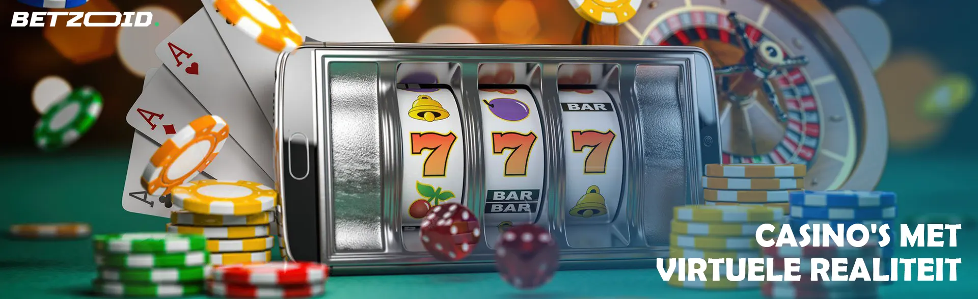 Een gokautomaat in een smartphone, omringd door kaarten, roulette en fiches.