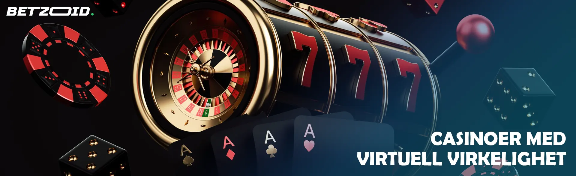 Spilleautomat omgitt av sjetonger, terninger og kort.