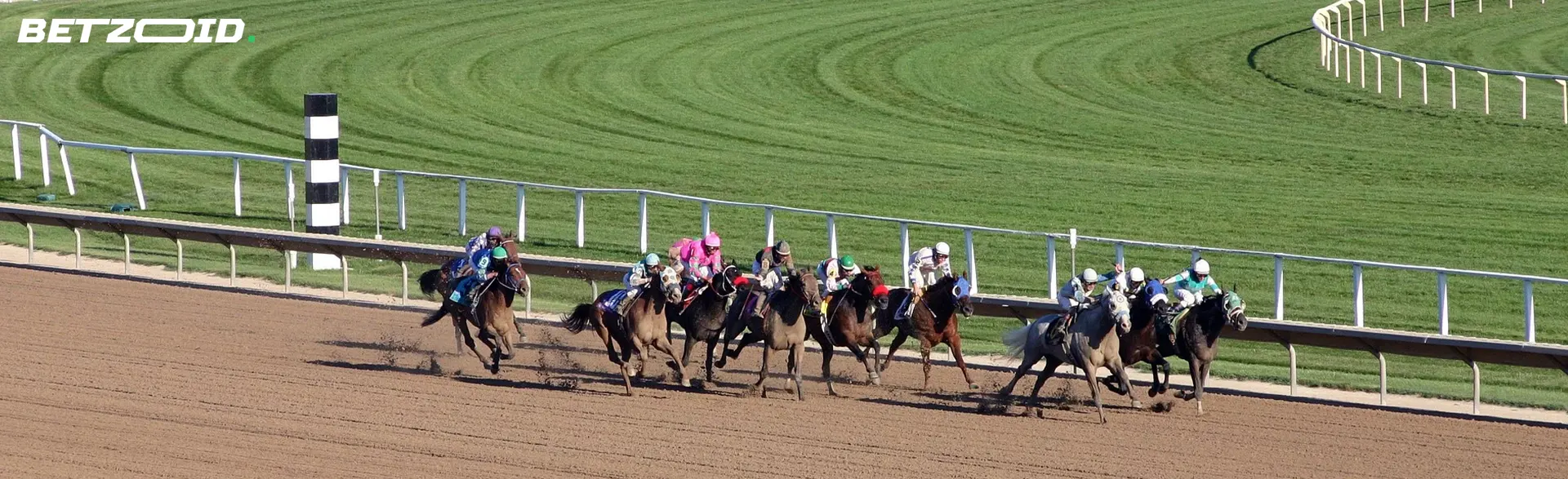 Jockeys op paarden tijdens een race.