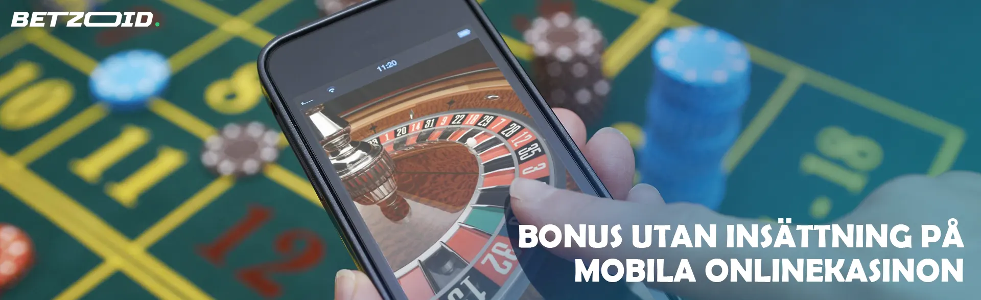 Online roulette på smartphone-skärmen på casinobordets bakgrund.