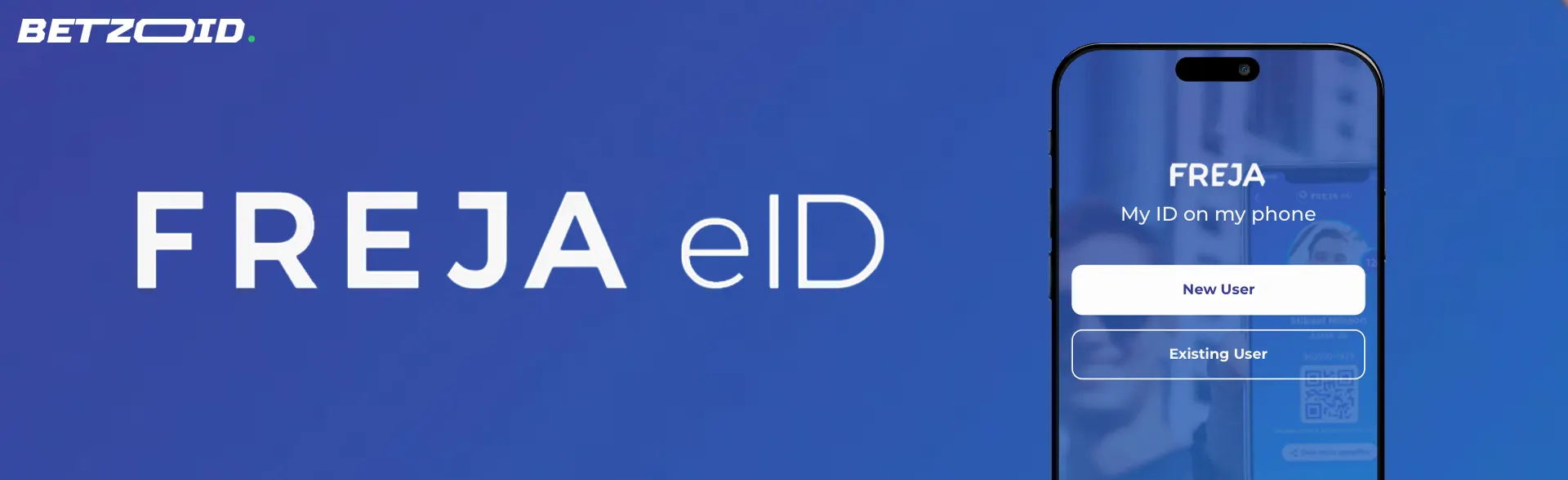 En smartphone med Freja eID-applikationen bredvid Freja eID-logotypen.