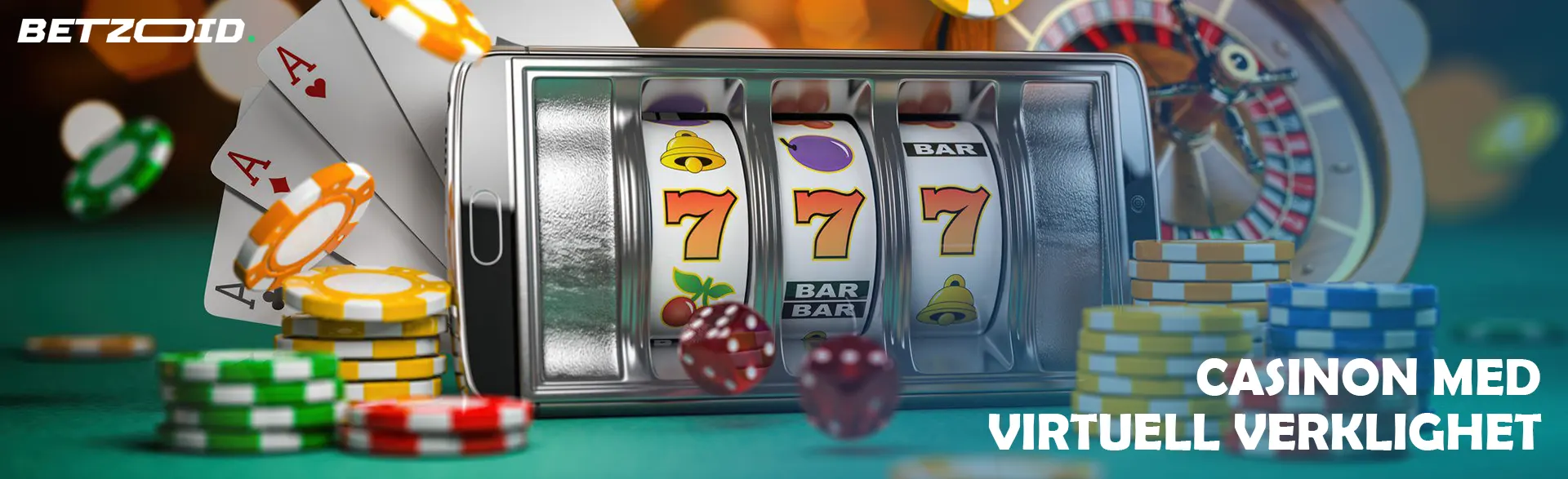 En spelautomat omgiven av kort, pokermarker och roulette.