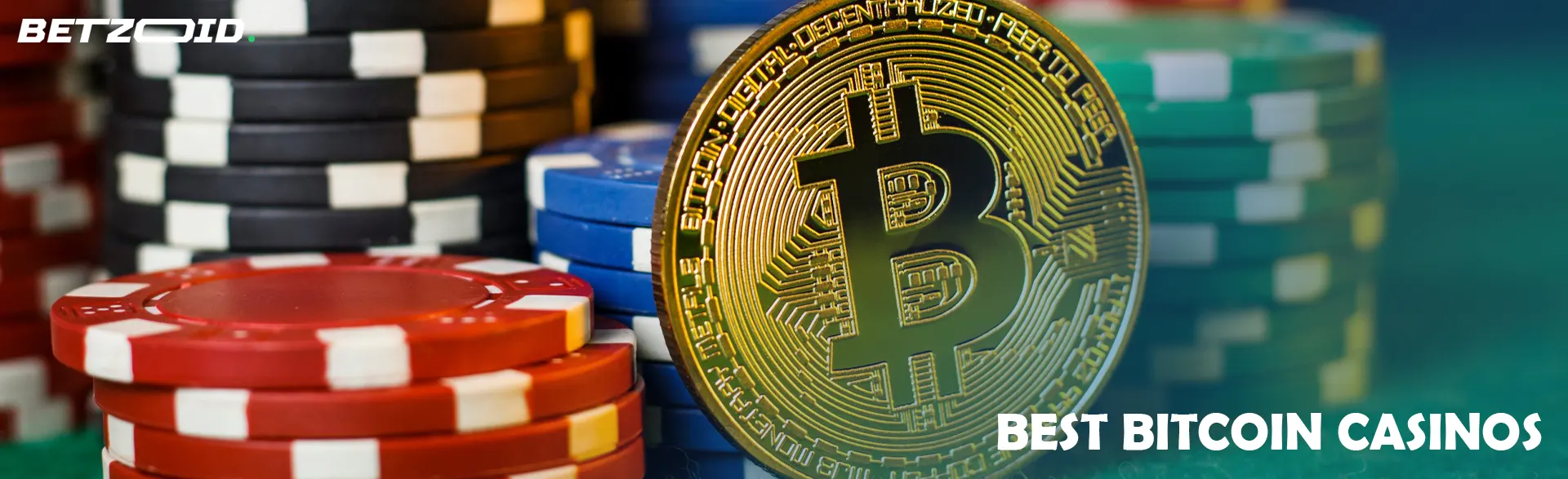 Bitcoin cryptocurrency coin next to casino chips.