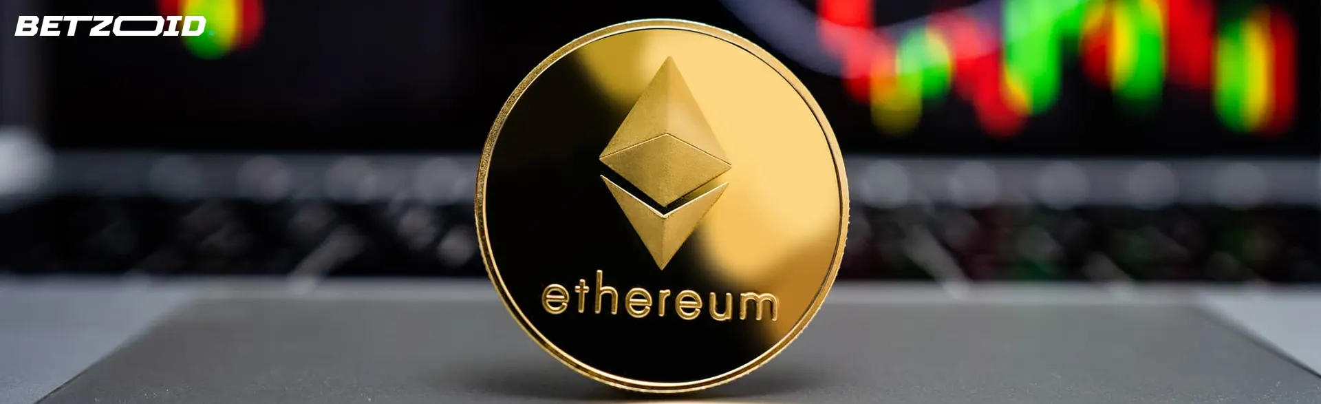 Ethereum cryptocurrency coin on a background of graphs.