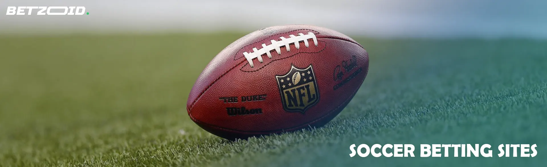 An American football ball lies on the grass.