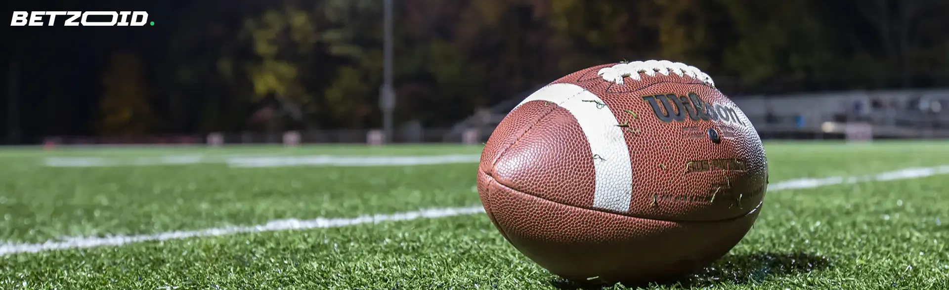 An American football ball lies on the grass.