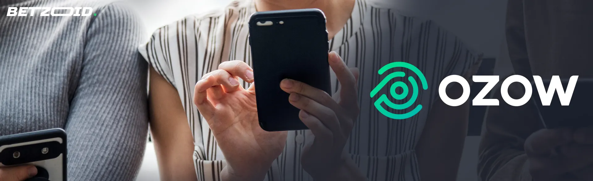 Ozow logo on a background of people with smartphones.