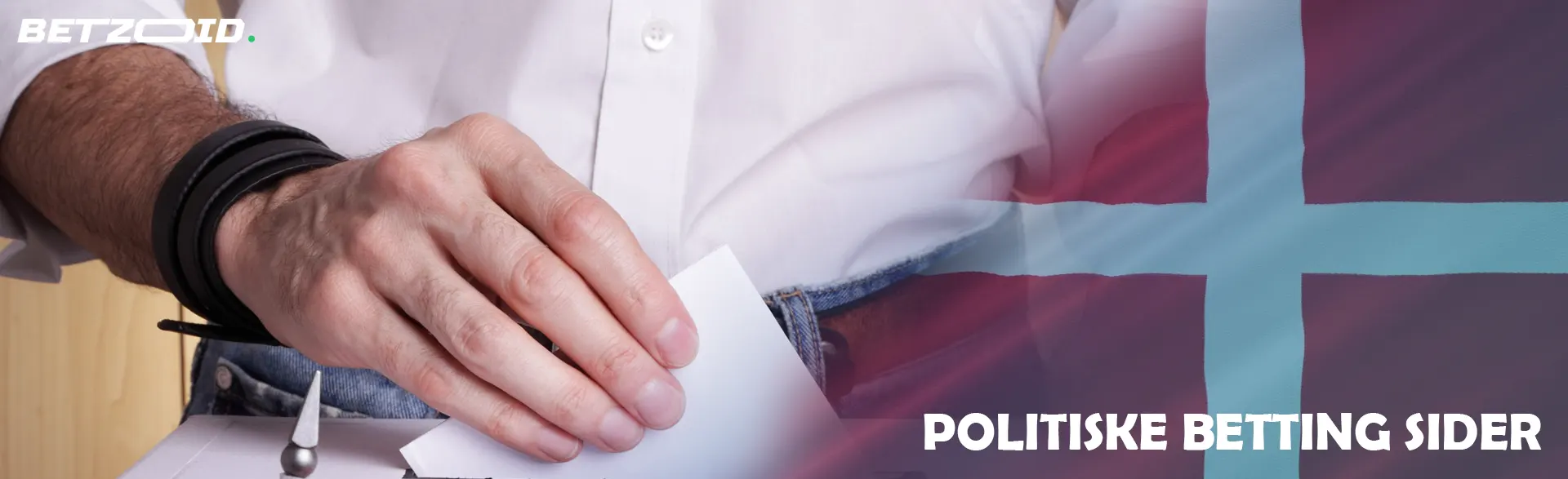 En person afgiver sin stemme med det danske flag som baggrund.