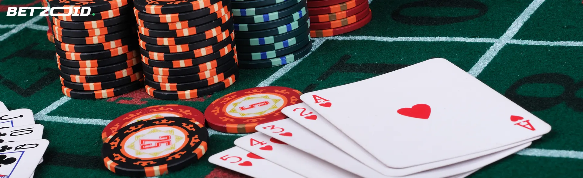 Cards and chips on a casino table.