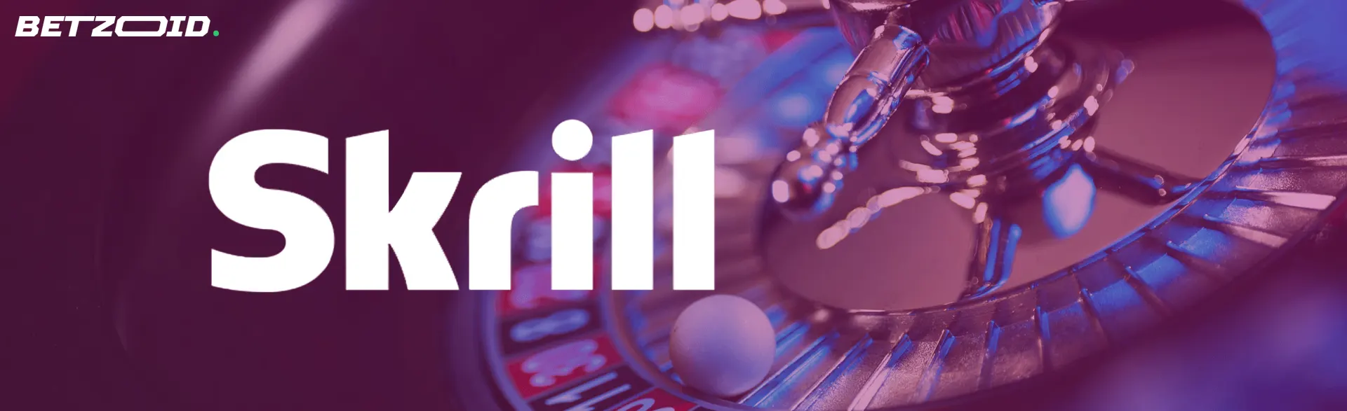 Logo Skrill sur fond de roulette casino.