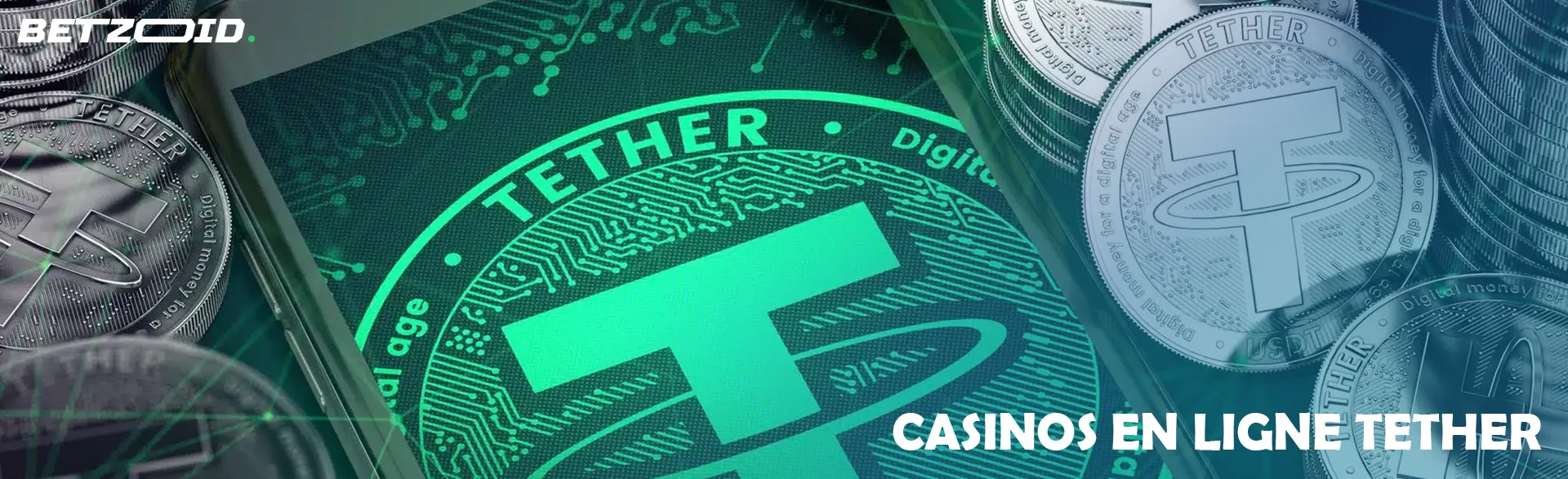 Un smartphone entouré de pièces de cryptomonnaie Tether.