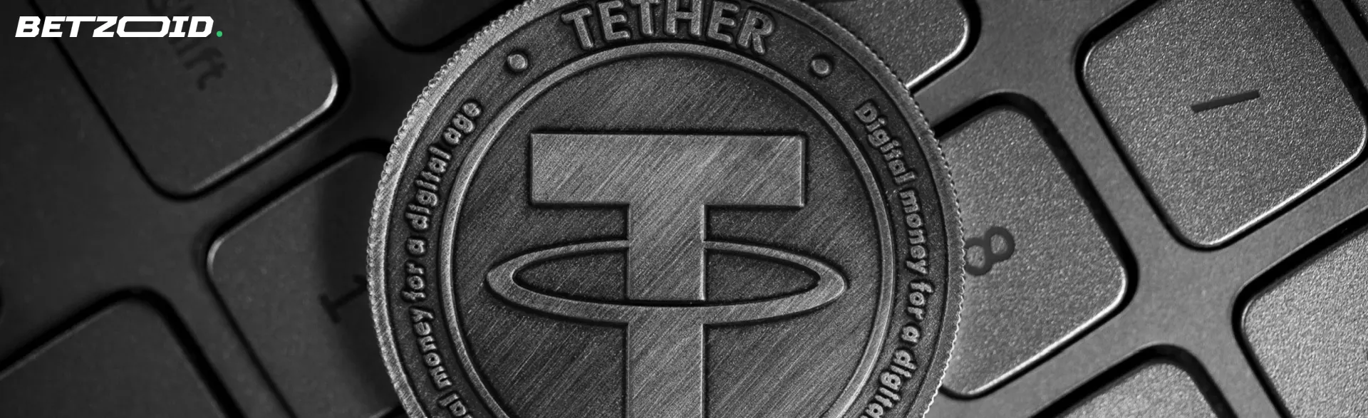 Une pièce de cryptomonnaie Tether repose sur un clavier.