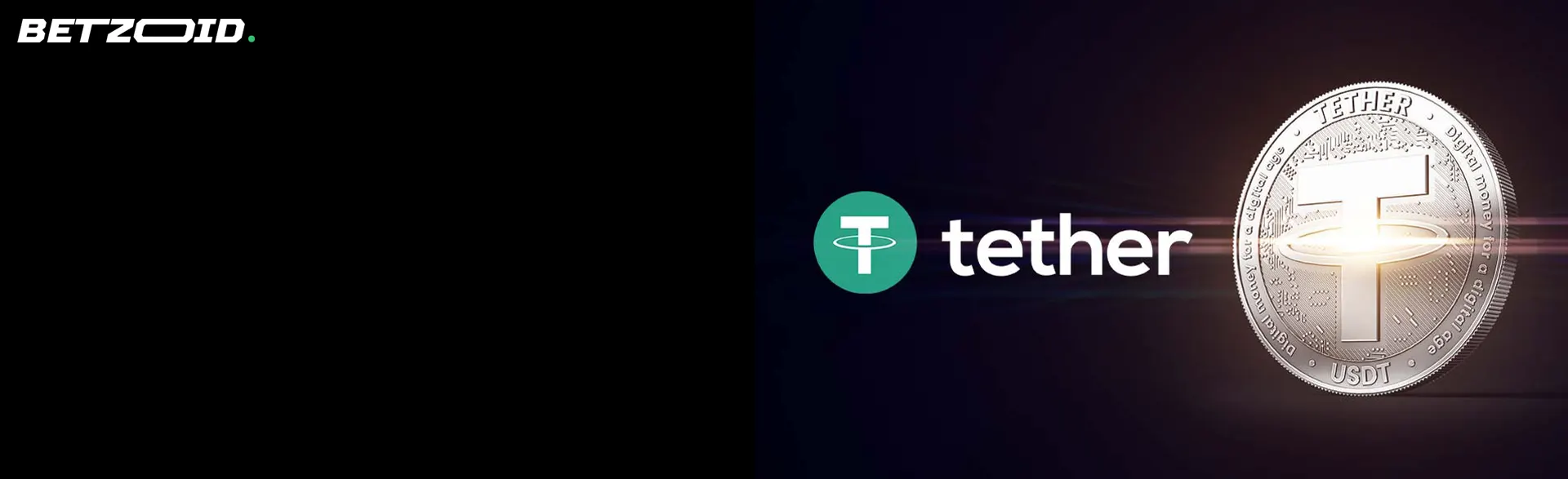 Une pièce et le logo de la cryptomonnaie Tether sur un fond sombre.