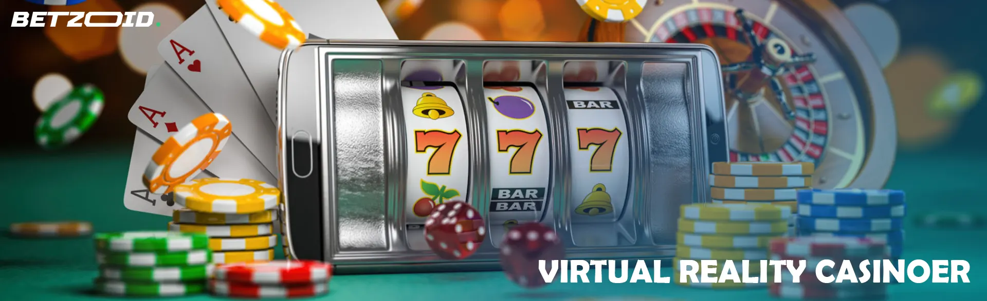 Smartphone med en spillemaskine på skærmen omgivet af kort, chips og roulette.