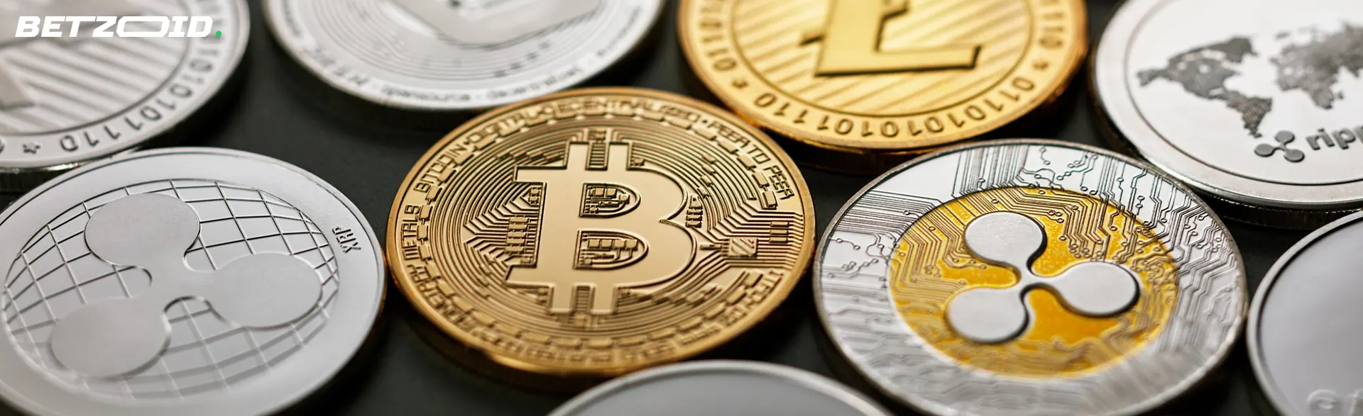 Coins of different cryptocurrencies.