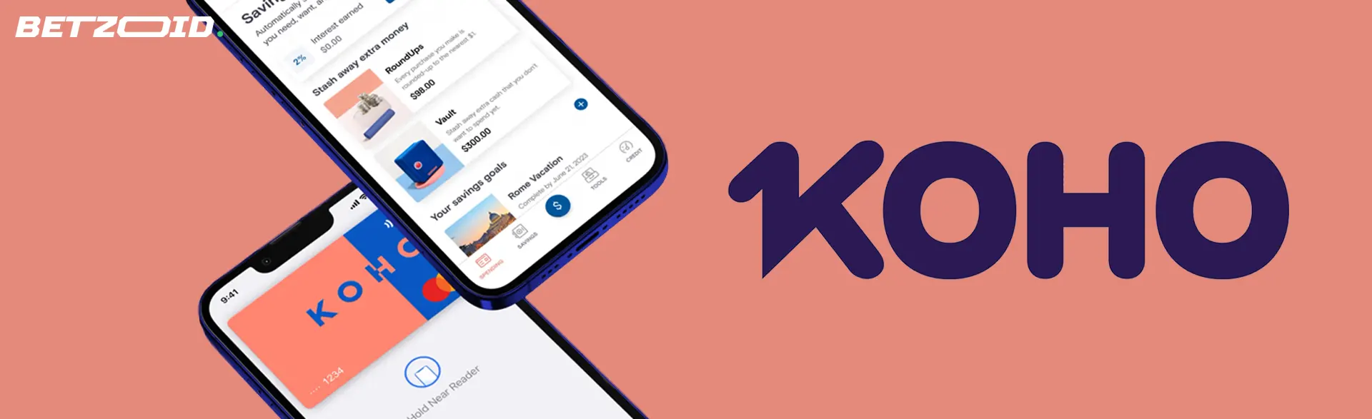 Koho logo next to smartphones with the Koho app.