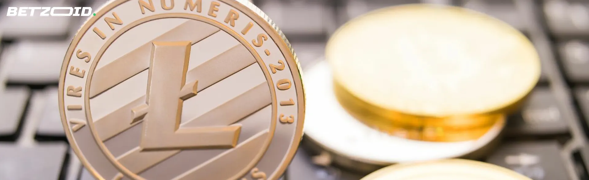 Litecoin coins on the keyboard.