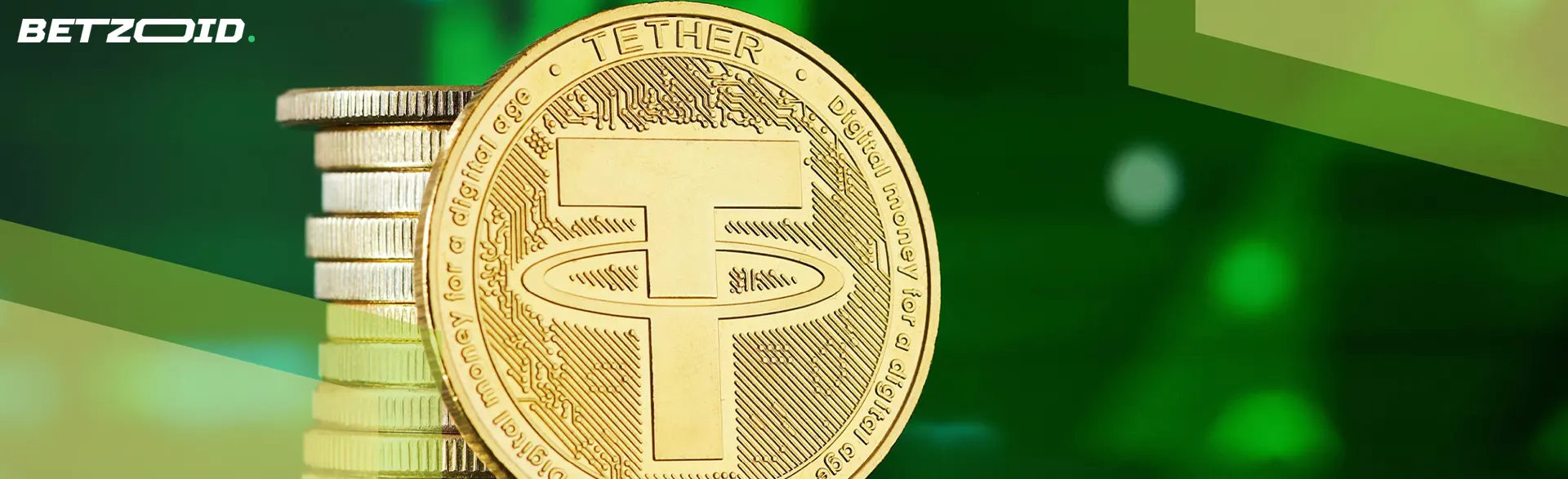 Tether coins on a green background.