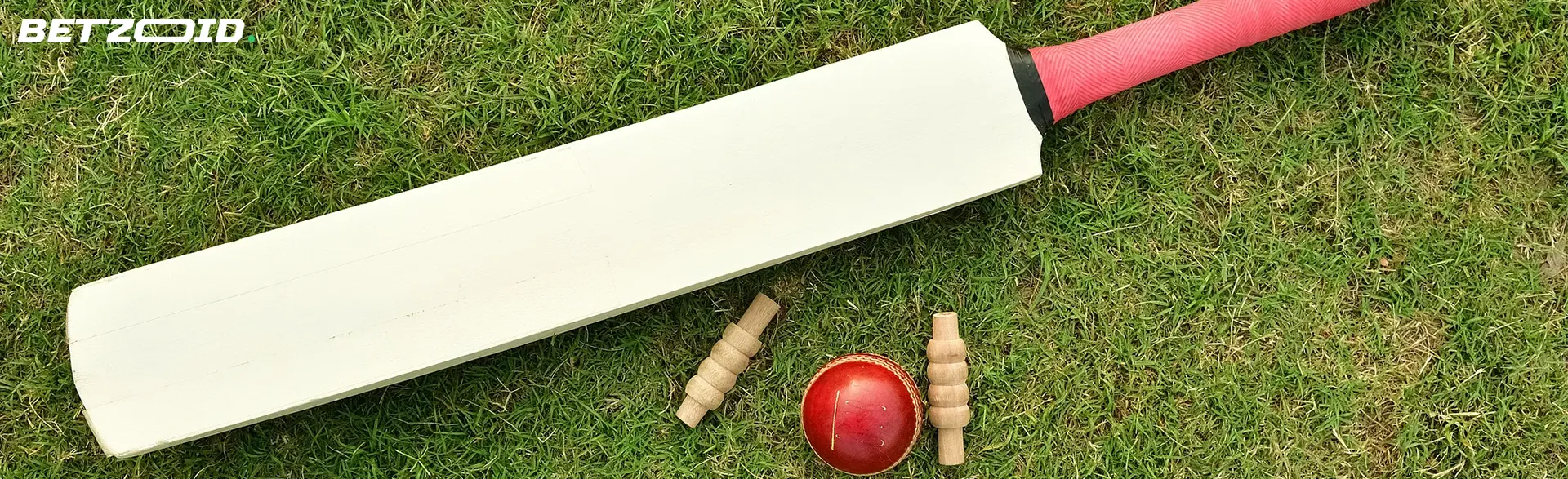 A rugby bat and balls lie on the grass.